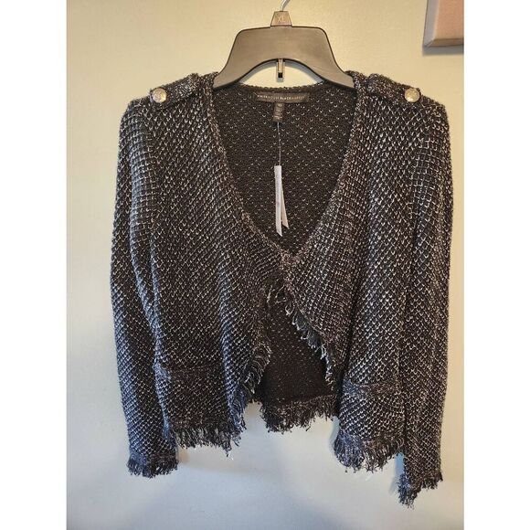 NWT White House Black Market WHBM Black Tweed Raw Edge Fringe Cardigan Sweater J - Picture 1 of 4